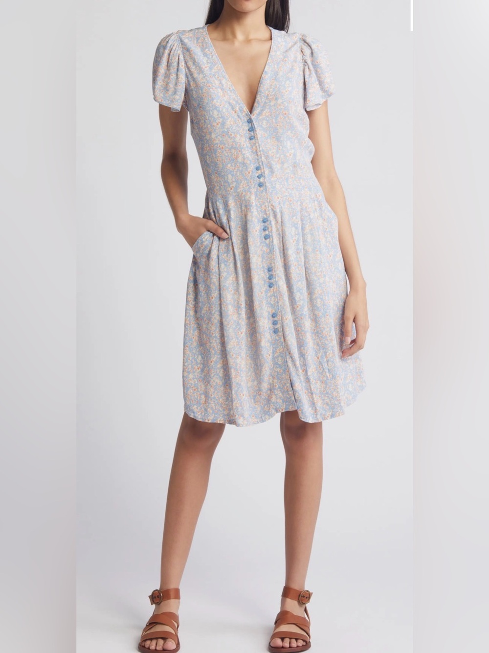 Treasure & Bond Pale Blue Floral Flutter-Sleeve Button-Up Dress